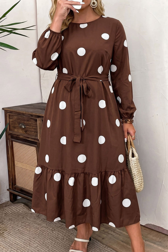 Brown Polka Dot Ruffled Hem Long Sleeve Tie Waist Plus Size Dress Shewin