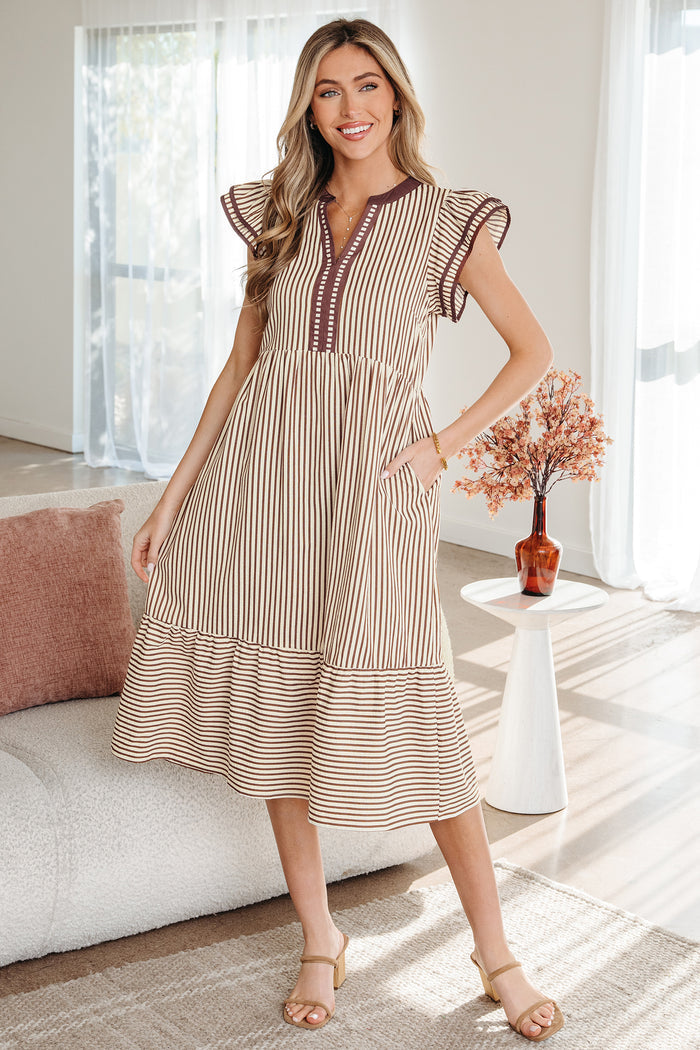 Brown Stripe Double Ruffled Short Sleeve Contrast Trim V Neck Midi Dress Shewin