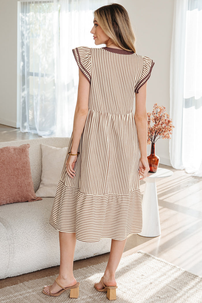 Brown Stripe Double Ruffled Short Sleeve Contrast Trim V Neck Midi Dress Shewin