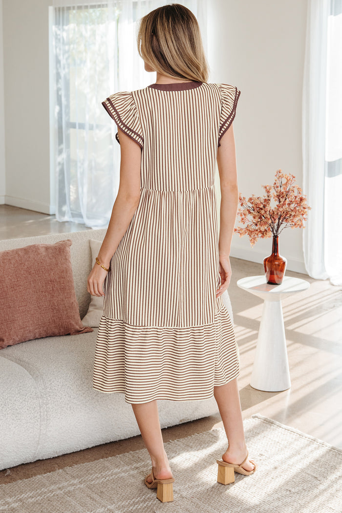 Brown Stripe Double Ruffled Short Sleeve Contrast Trim V Neck Midi Dress Shewin