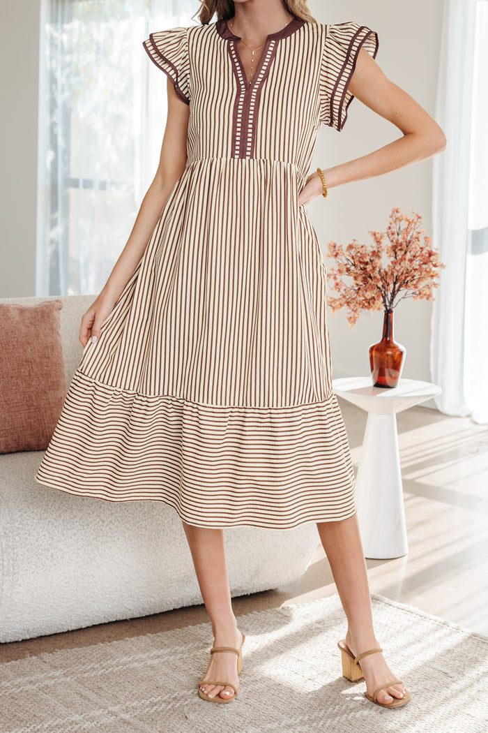 Brown Stripe Double Ruffled Short Sleeve Contrast Trim V Neck Midi Dress Shewin