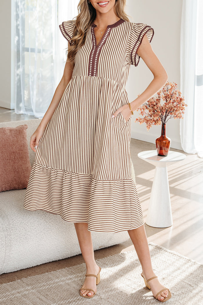 Brown Stripe Double Ruffled Short Sleeve Contrast Trim V Neck Midi Dress Shewin
