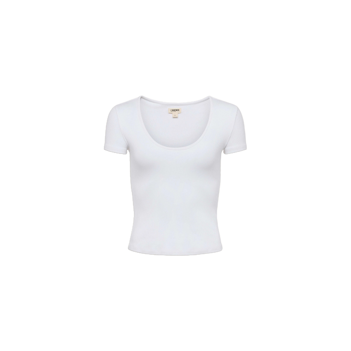 The Brynlee Scoopneck Tee is a women’s short-sleeve, ribbed stretch cotton top in plain white, featuring a scoop neckline and shown against a white background.