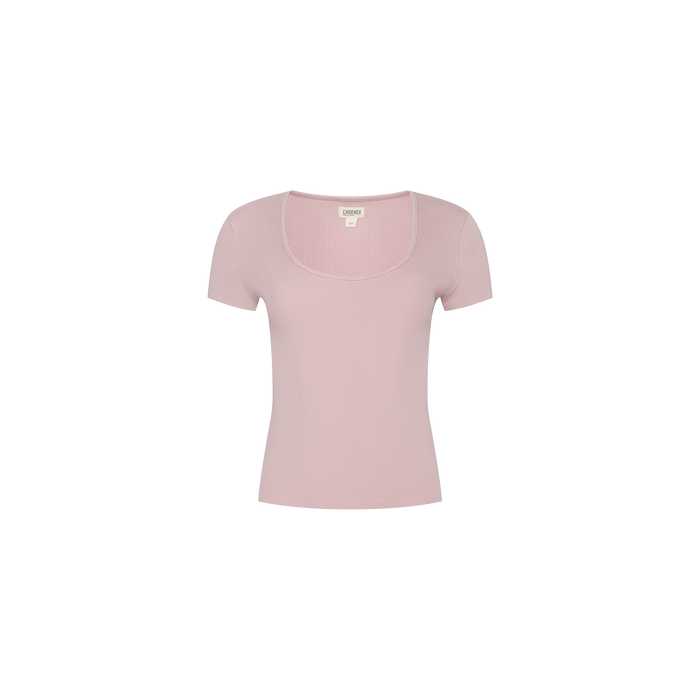Brynlee Scoopneck Tee in light pink, a short-sleeved women’s ribbed top with a fitted design and classic scoopneck, crafted from stretch cotton-modal for comfortable style. Displayed on a plain white background.