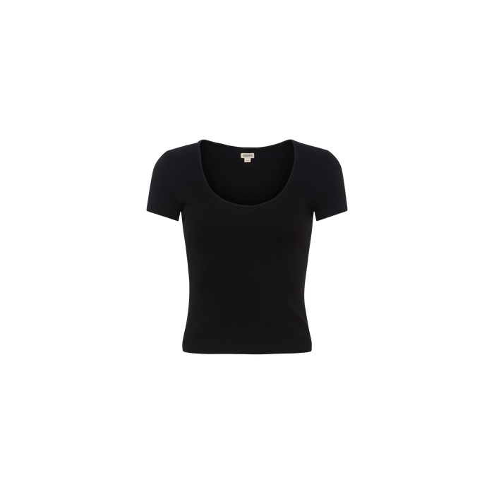 The Brynlee Scoopneck Tee, a black short-sleeve women’s t-shirt crafted from stretch cotton, is centered on a white background.