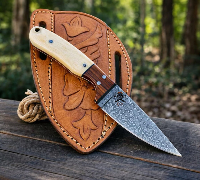 Buckaroo Working Knife - 3” Damascus Blade Bone Handle & Pancake Sheath cskforged