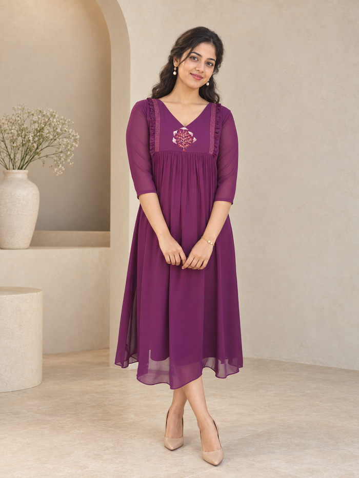 Burgundy shaded georgette Aline kurti with handworked motif and frills MBS-1403