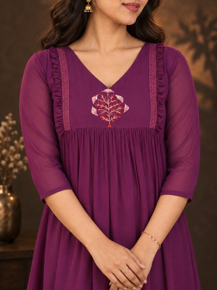 Burgundy shaded georgette Aline kurti with handworked motif and frills MBS-1403