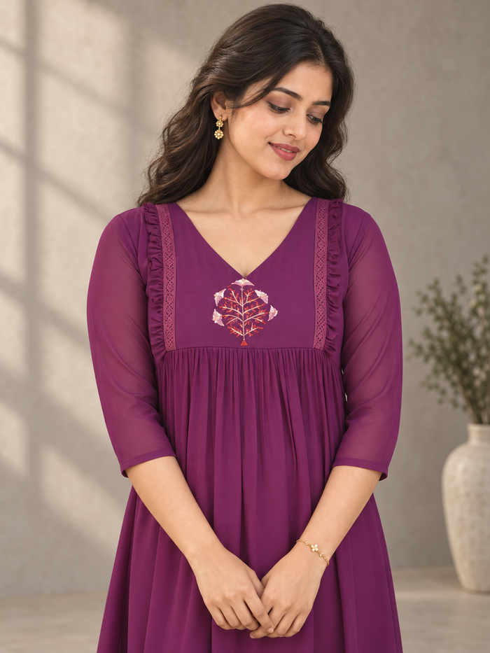 Burgundy shaded georgette Aline kurti with handworked motif and frills MBS-1403