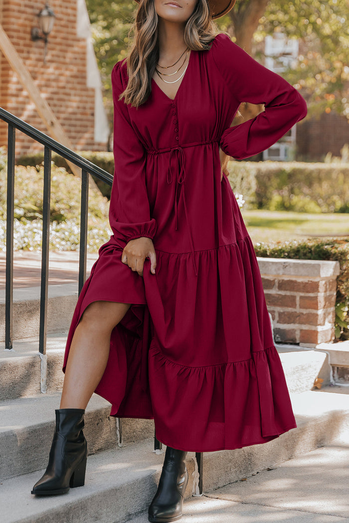 Burgundy Solid Long Sleeve Button V Neck Tiered Maxi Dress Shewin