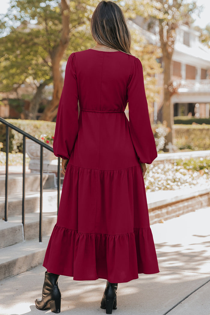 Burgundy Solid Long Sleeve Button V Neck Tiered Maxi Dress Shewin