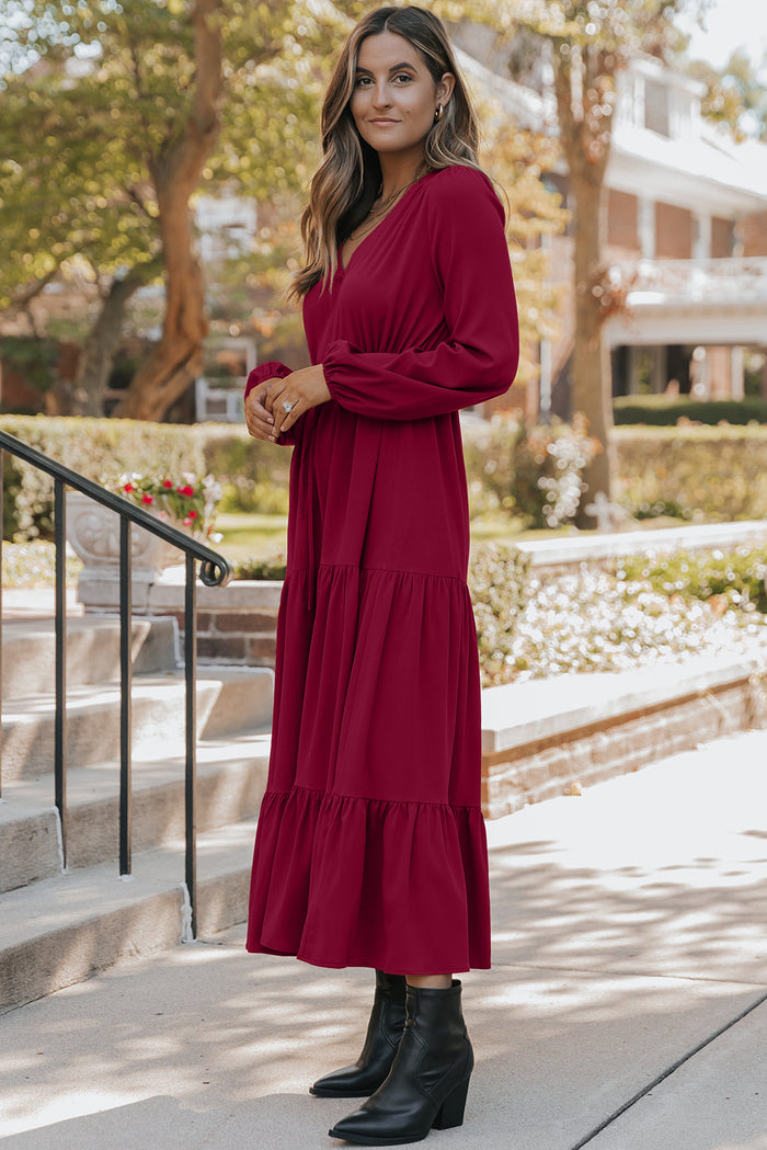 Burgundy Solid Long Sleeve Button V Neck Tiered Maxi Dress Shewin