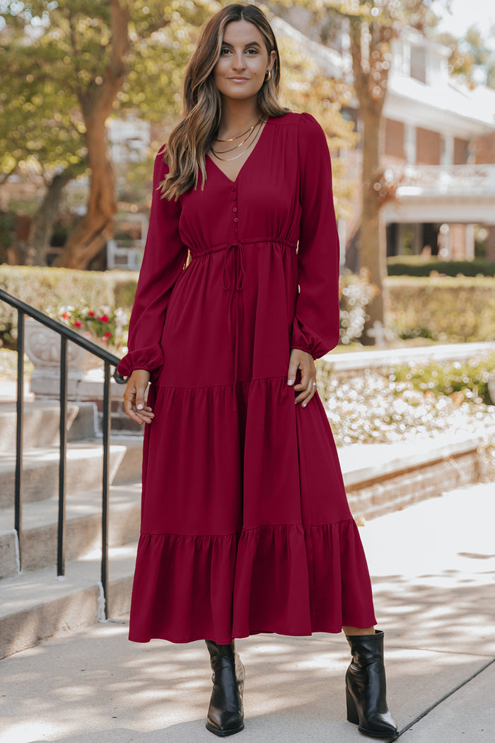 Burgundy Solid Long Sleeve Button V Neck Tiered Maxi Dress Shewin