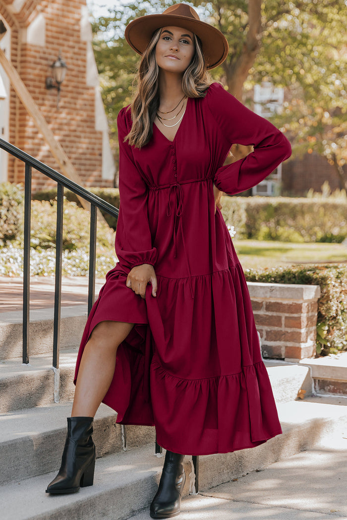 Burgundy Solid Long Sleeve Button V Neck Tiered Maxi Dress Shewin