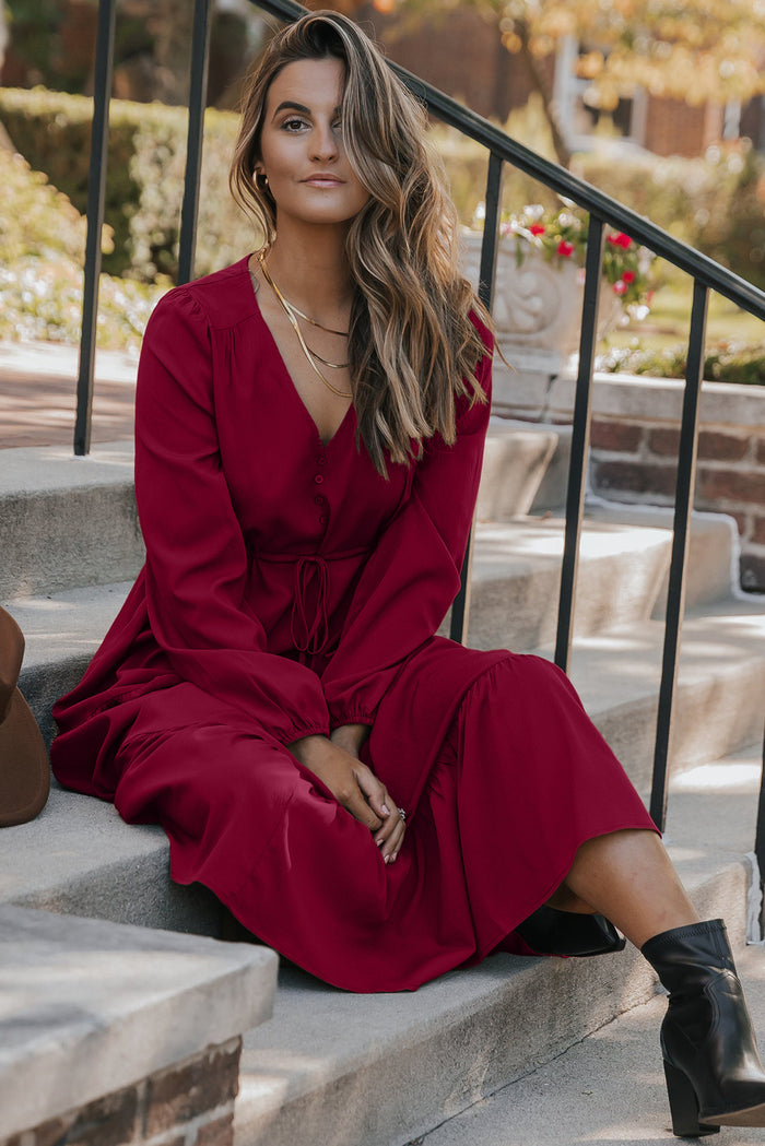 Burgundy Solid Long Sleeve Button V Neck Tiered Maxi Dress Shewin