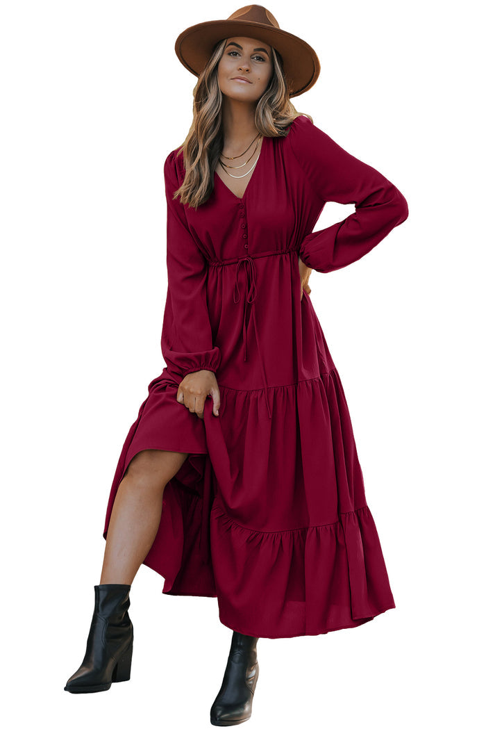Burgundy Solid Long Sleeve Button V Neck Tiered Maxi Dress Shewin