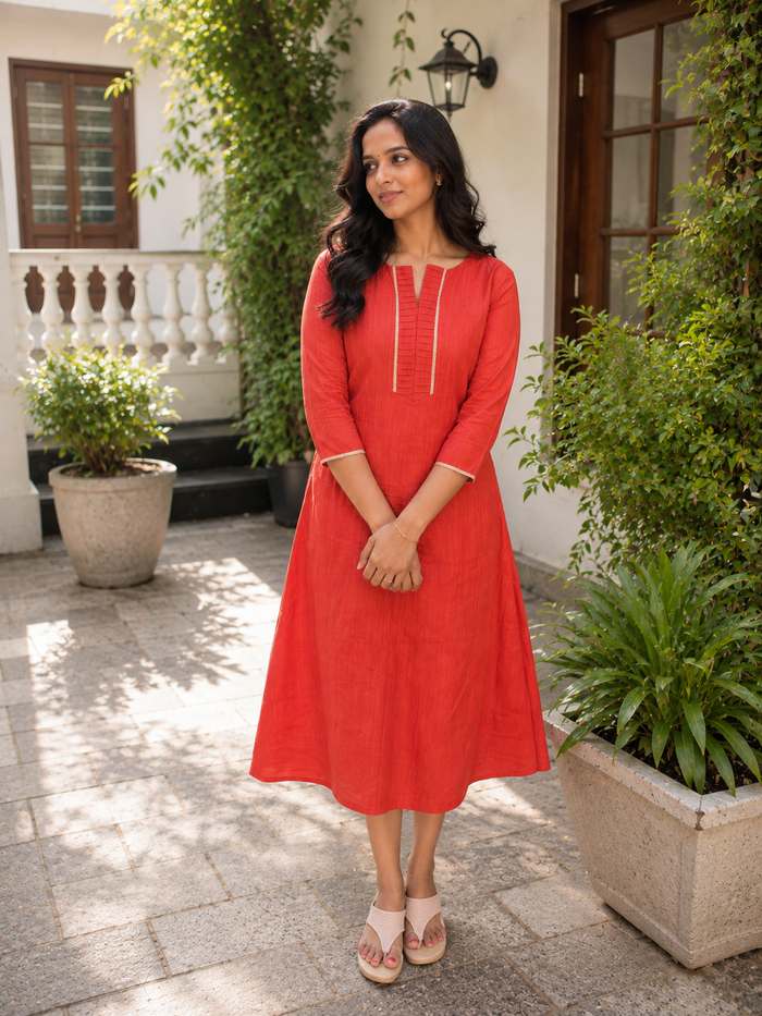 Burnt Orange shaded semi raw cotton Aline kurti MBS-1153 **Ready to dispatch**