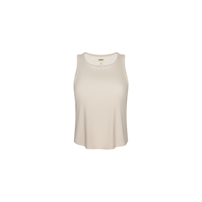 The Cael Tank Top is an ultra-soft beige ribbed tank featuring a round neckline, ideal for layering, shown against a plain white background.