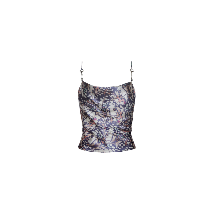 The Calista Satin Camisole features a sleeveless, cropped design with thin, adjustable shoulder straps and a multicolored abstract pattern inspired by butterfly wings on a white backdrop. The sides are ruched for added texture.
