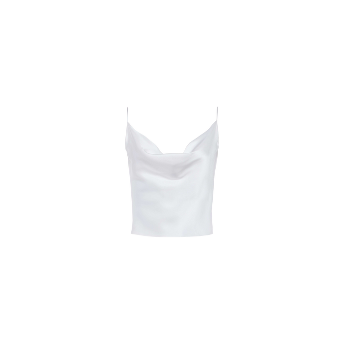 The Calista Silk Camisole, crafted from white silk charmeuse with thin spaghetti straps and a weighted cowl neck, is shown against a plain white background.