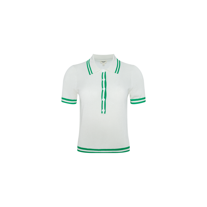 The Calvin Polo Top is a white, short-sleeve featherweight knit tennis polo highlighted by green stripes adorning the collar, sleeves, and button placket, finished with a signature logo patch and presented against a plain white background.