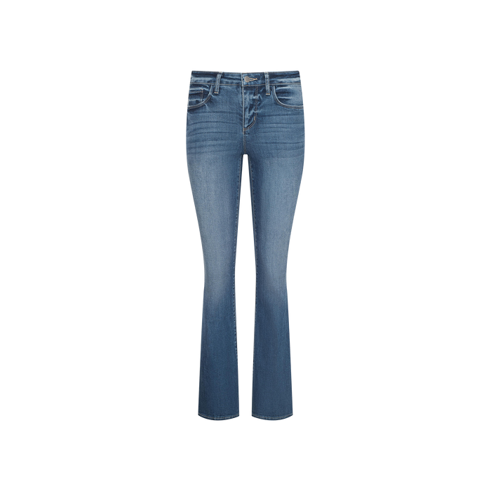 Cara Low-Rise Bootcut Jean in blue stretch denim, featuring a medium wash with subtle thigh fading and a classic five-pocket design, displayed on a plain white background.
