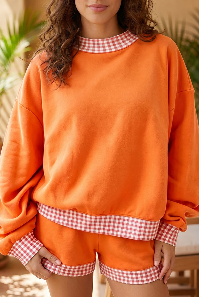 Carrot Gingham Trim Baggy Pullover 2pcs Short Set Shewin