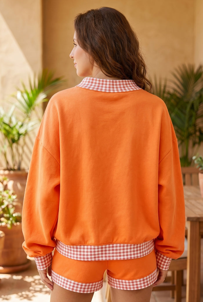 Carrot Gingham Trim Baggy Pullover 2pcs Short Set Shewin