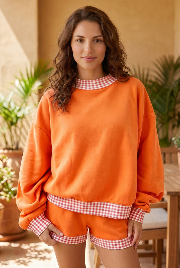 Carrot Gingham Trim Baggy Pullover 2pcs Short Set Shewin