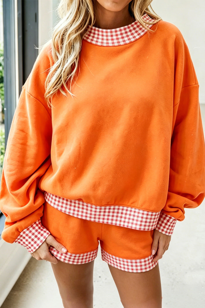Carrot Gingham Trim Baggy Pullover 2pcs Short Set Shewin
