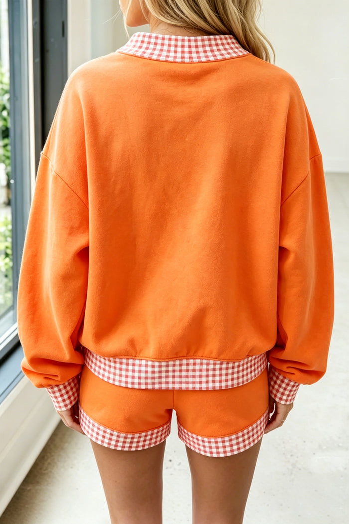 Carrot Gingham Trim Baggy Pullover 2pcs Short Set Shewin