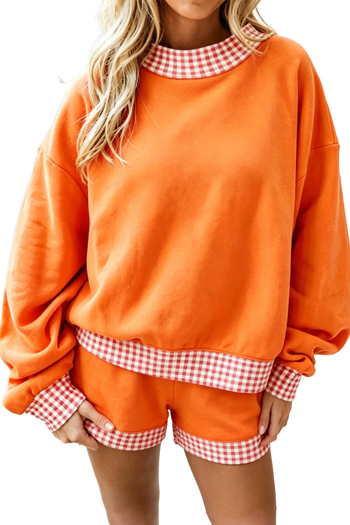 Carrot Gingham Trim Baggy Pullover 2pcs Short Set Shewin