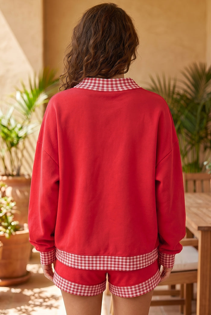 Carrot Gingham Trim Baggy Pullover 2pcs Short Set Shewin