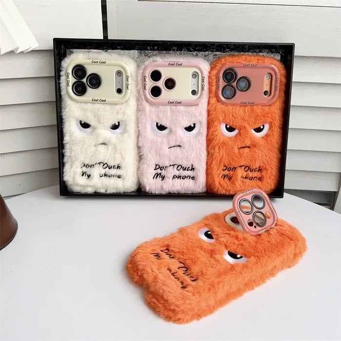 Cartoon Angry Face Expression Fluffy Plush Phone Case For iPhone PhoneShells