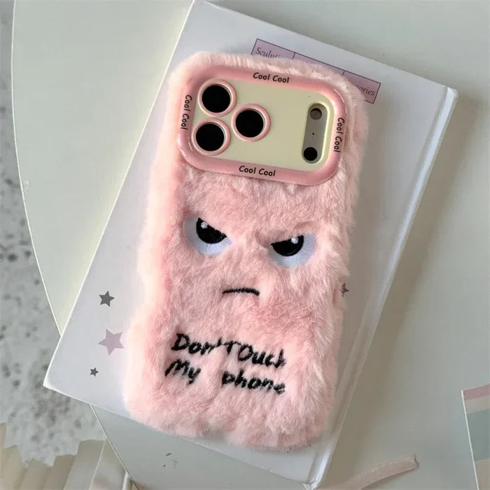 Cartoon Angry Face Expression Fluffy Plush Phone Case For iPhone PhoneShells