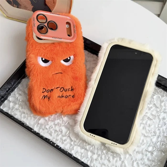 Cartoon Angry Face Expression Fluffy Plush Phone Case For iPhone PhoneShells