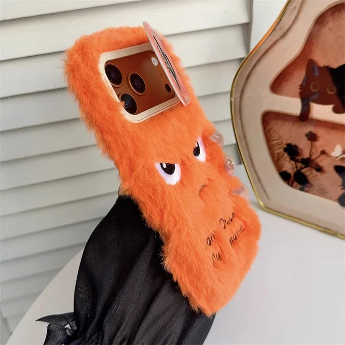 Cartoon Angry Face Expression Fluffy Plush Phone Case For iPhone PhoneShells