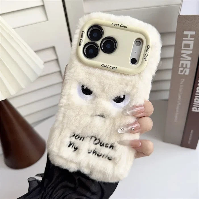 Cartoon Angry Face Expression Fluffy Plush Phone Case For iPhone PhoneShells