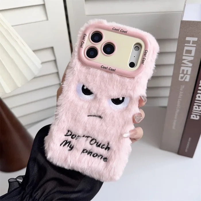 Cartoon Angry Face Expression Fluffy Plush Phone Case For iPhone PhoneShells