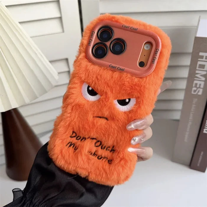 Cartoon Angry Face Expression Fluffy Plush Phone Case For iPhone PhoneShells