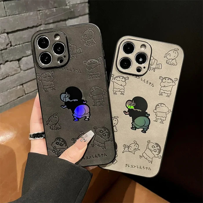 Cartoon Crayon Shin-chan Leather Texture Laser Phone Case For iPhone PhoneShells
