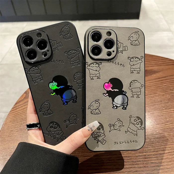 Cartoon Crayon Shin-chan Leather Texture Laser Phone Case For iPhone PhoneShells