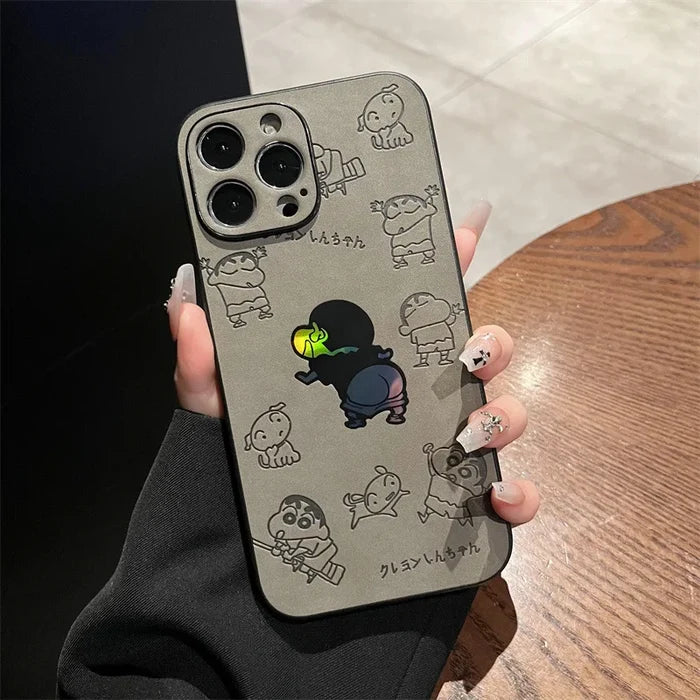 Cartoon Crayon Shin-chan Leather Texture Laser Phone Case For iPhone PhoneShells