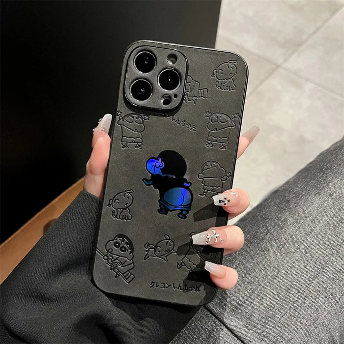 Cartoon Crayon Shin-chan Leather Texture Laser Phone Case For iPhone PhoneShells