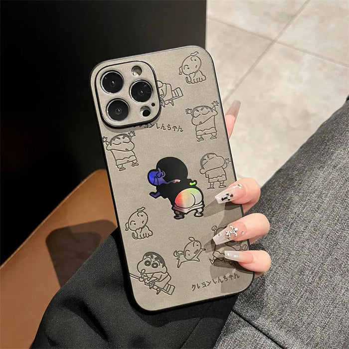 Cartoon Crayon Shin-chan Leather Texture Laser Phone Case For iPhone PhoneShells