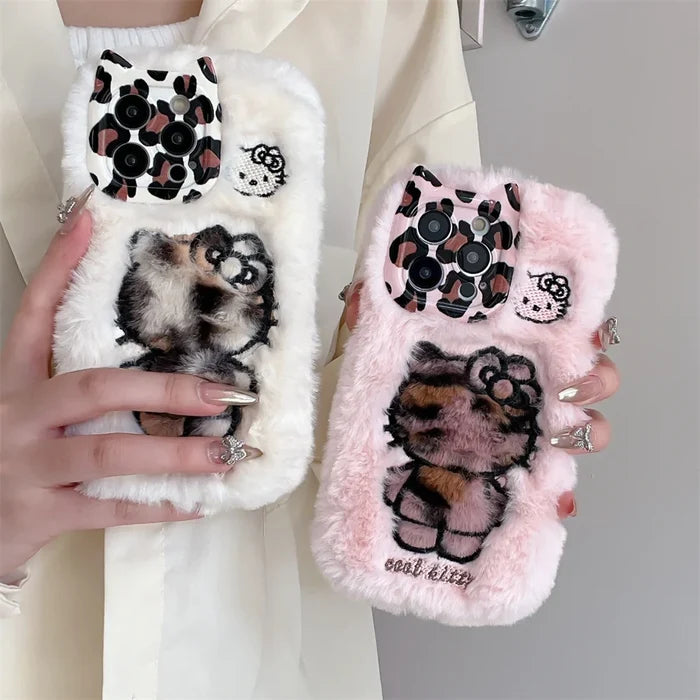 Cartoon Fluffy Hello Kitty Plush Cat Ears Phone Case PhoneShells