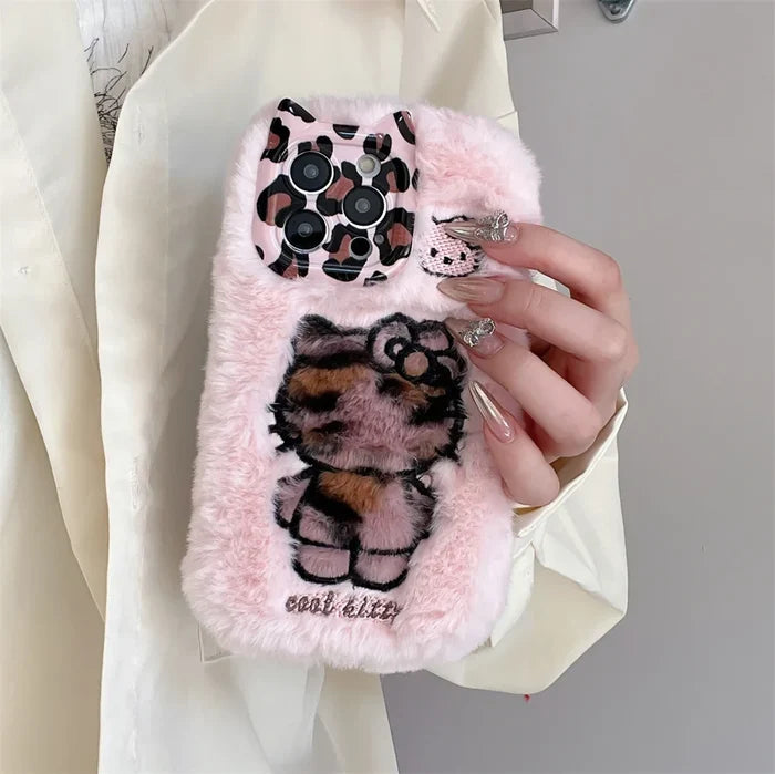 Cartoon Fluffy Hello Kitty Plush Cat Ears Phone Case PhoneShells