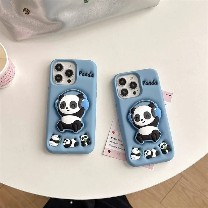 Cartoon Headset Panda Soft Silicone Telescopic Bracket Phone Case For iPhone PhoneShells
