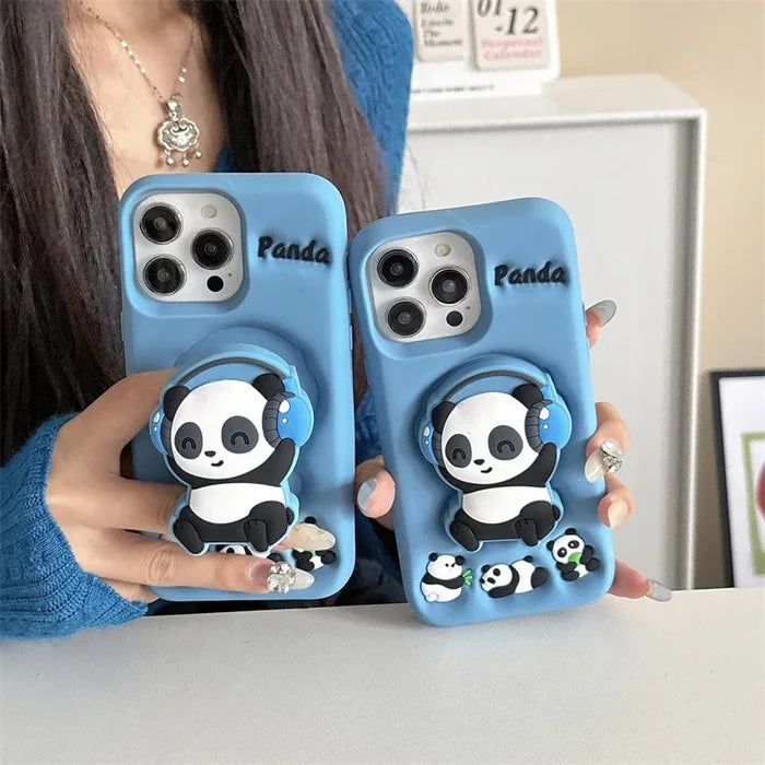Cartoon Headset Panda Soft Silicone Telescopic Bracket Phone Case For iPhone PhoneShells