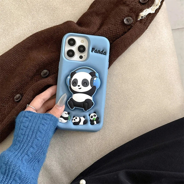 Cartoon Headset Panda Soft Silicone Telescopic Bracket Phone Case For iPhone PhoneShells